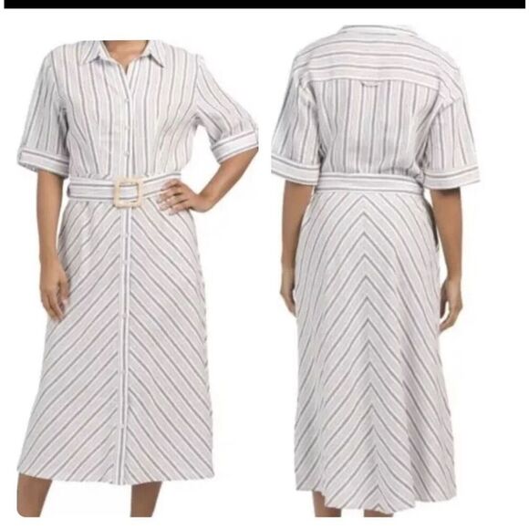 TAHARI Blue Striped Linen Viscose Blend Belted Midi Shirt Dress Size S - Picture 1 of 10